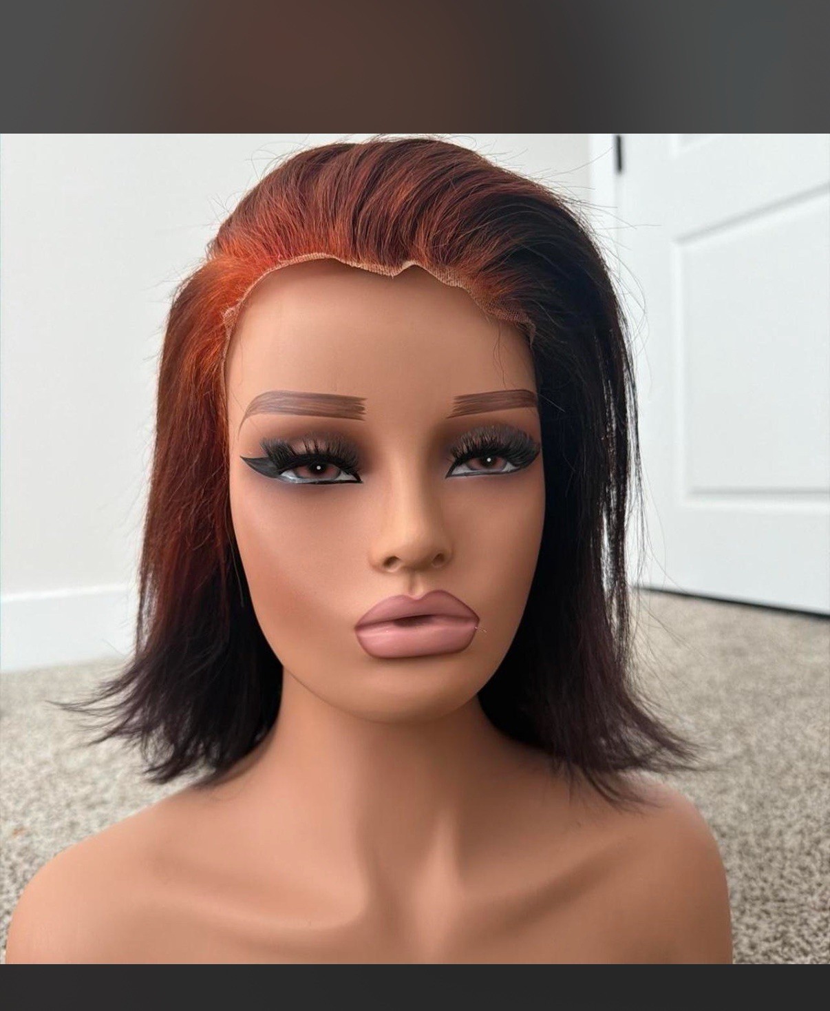 Lace Front Straight Bob human hair Wig Dark Brown/Copper Red Highlights Women