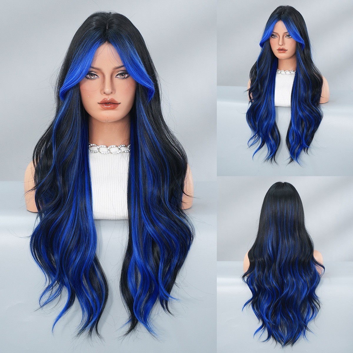 Full head wig with side-swept bangs colorful flame orange highlights and long