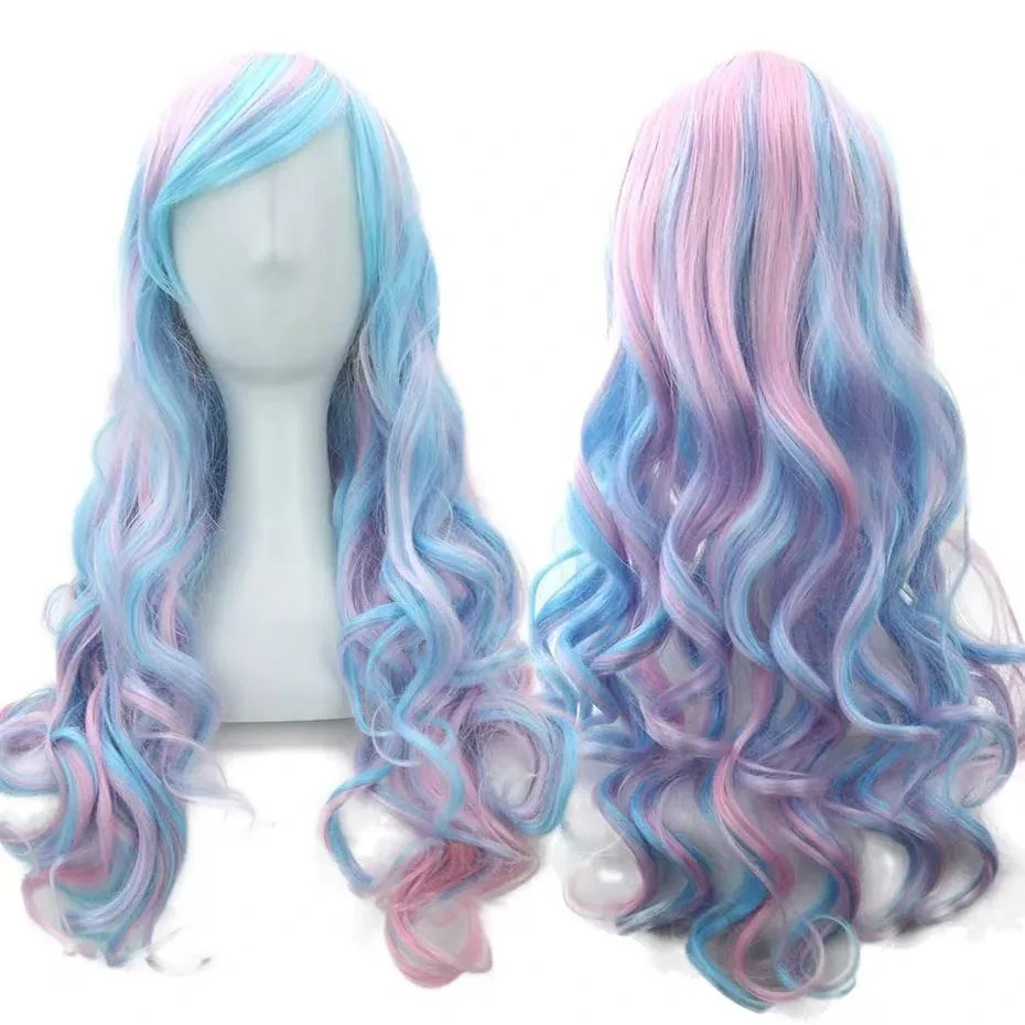 Long Wavy Cosplay or LARP Heat Resistant Synthetic Fiber Wig in Pink & Blue