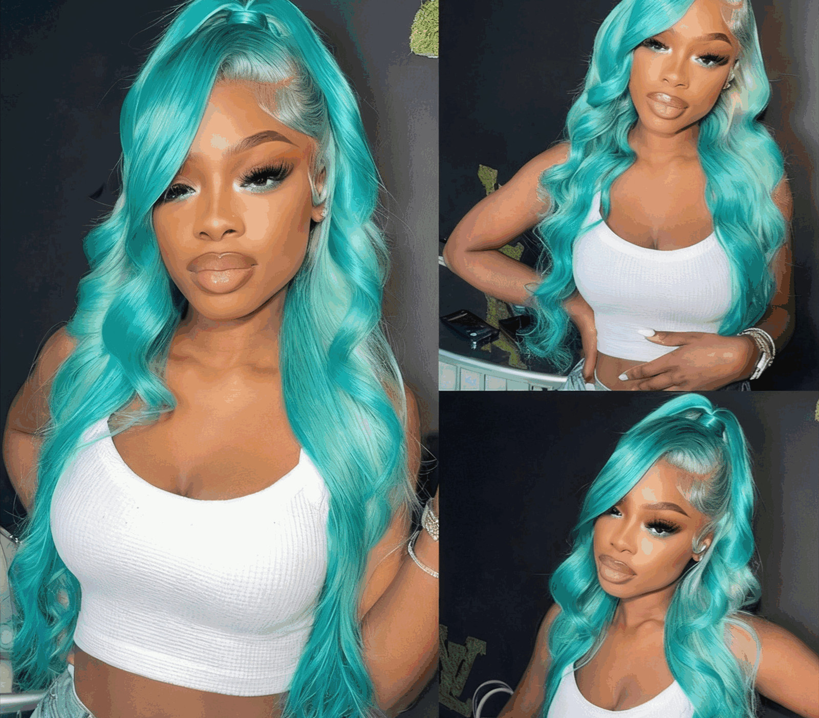 Cyan Blue Body Wave 13×6 Lace Front Wig Human Hair 613 Blonde Green Ombre WIg