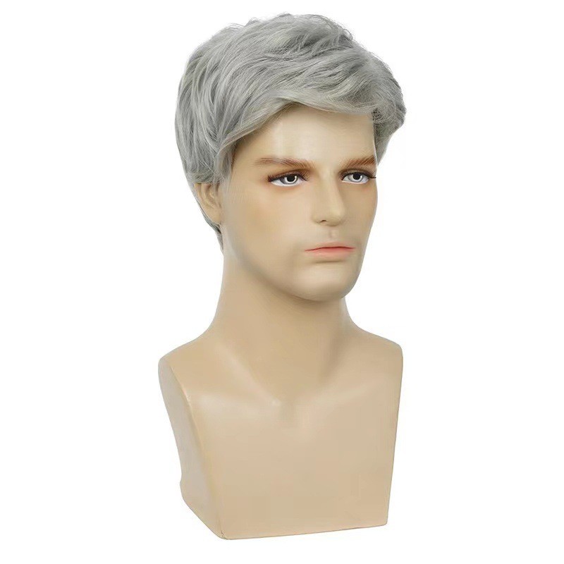 Salt and Pepper Grey Short Fluffy Men Wig Heat Resistant Synthetic Full Wig
