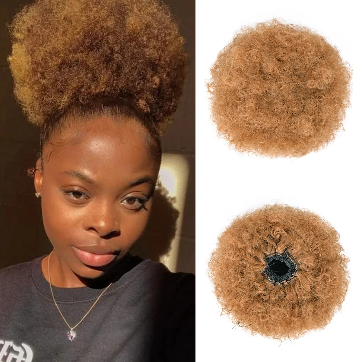 Ombre Blonde Large Curly Synthetic Messy Hair Bun Elastic Drawstring Ponytail