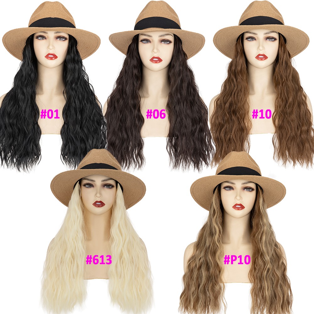 Long Wave Sun Hat Wig with Synthetic Hair Adjustable Straw Beach Cap For Women