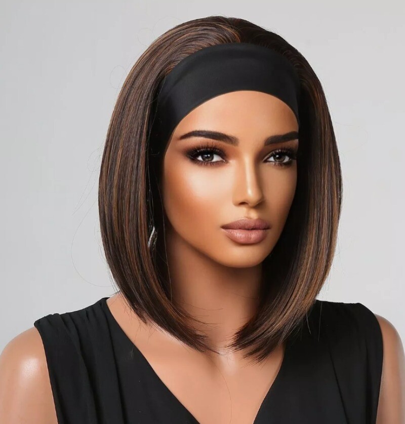 Mixed Brown Short Straight Synthetic Headband Wigs for Black Women Bob Hair Wigs