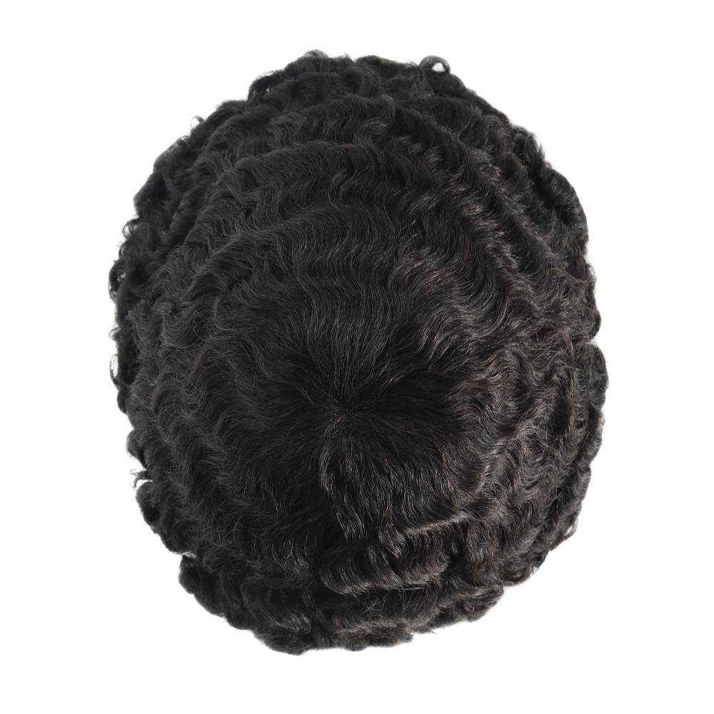 Men Human Hair Units for Black Men Full PU Thin Skin Afro Curly Toupee Hairpiece