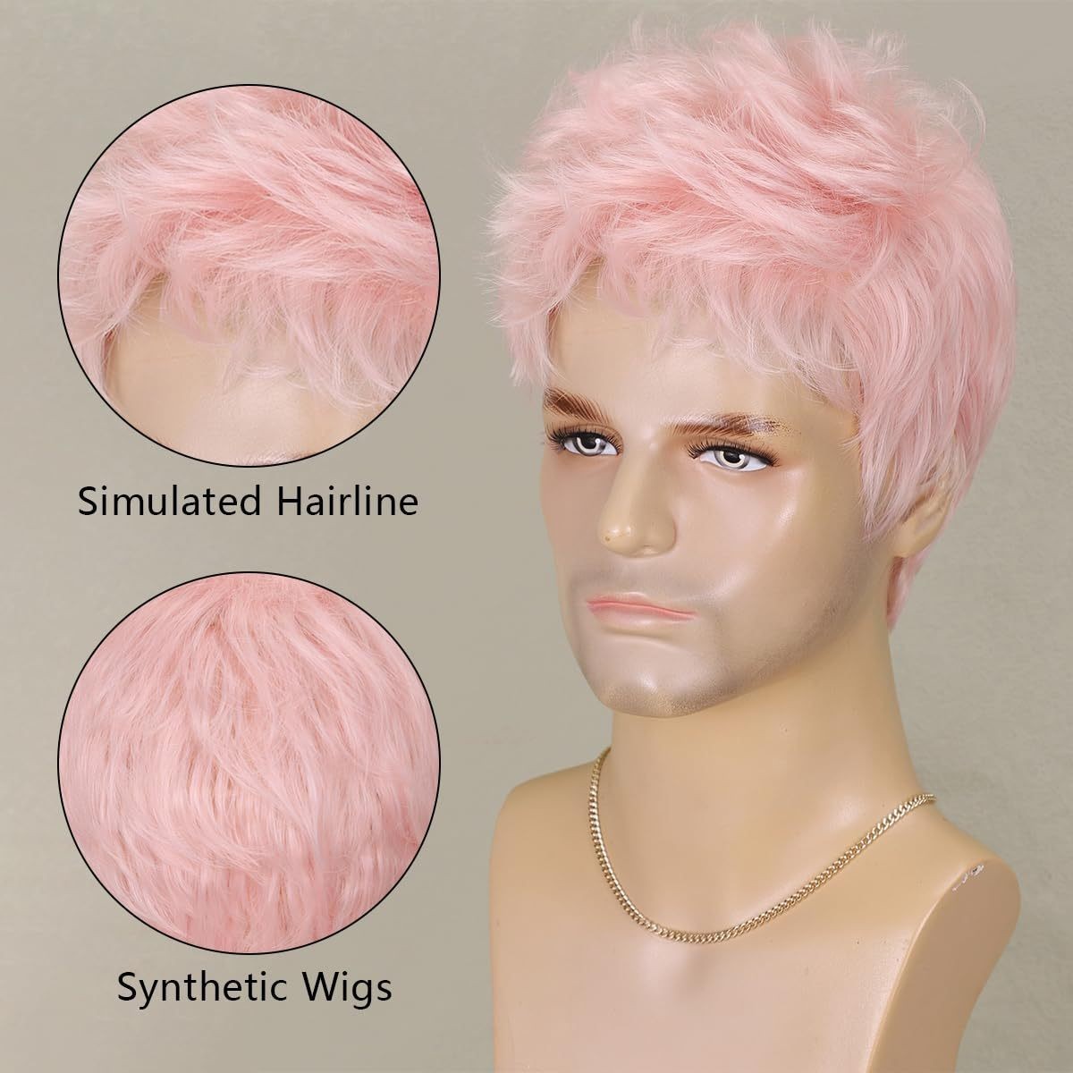 6 Inch Men’s Pink Wig Short Layered Heat Resistant Synthetic Hair Wig