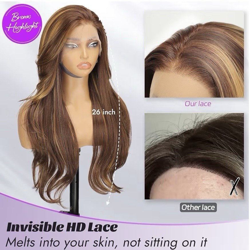 Brown Highlight HD Lace Front Wig 26in Body Wave Bleached Knots Free Part