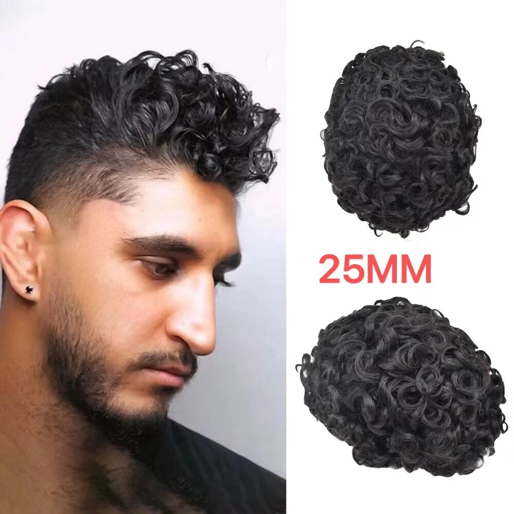Black Afro Curl Mens Toupee Poly Skin 100%Human Hair African American Hairpieces