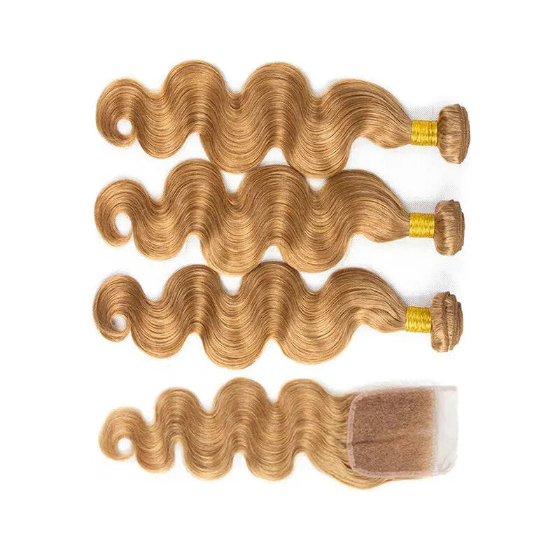 12A BRAZILIAN HUMAN HAIR WEFT 3/4BUNDLES+LACE CLOSURE HONEY BLONDE 27# BODY WAVE