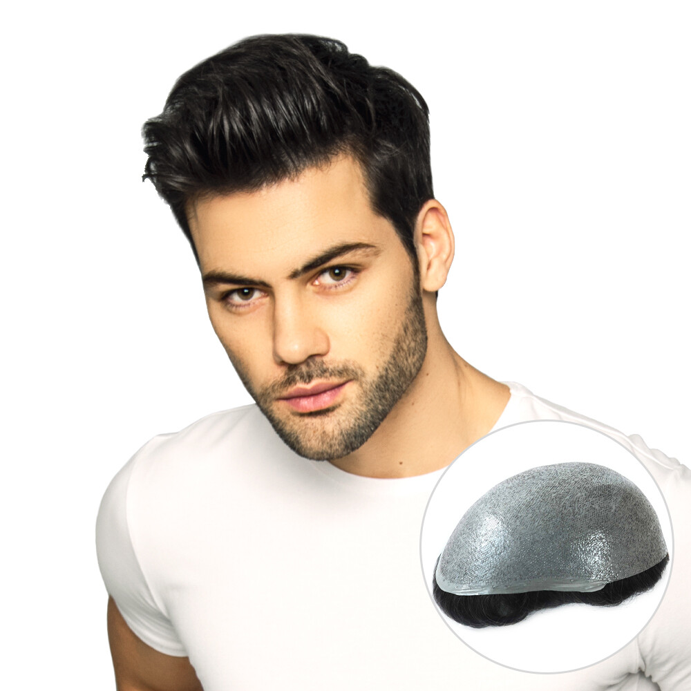 Ultra Thin Skin Super Mens Toupee Human Hair System Replacement Hairpieces BLACK