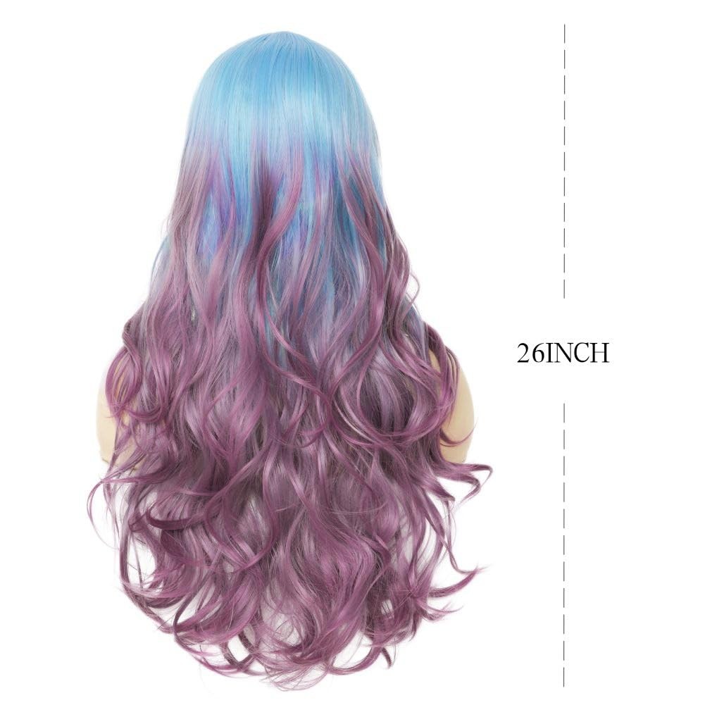 Long Curly Wave Ombre Purple Wig for Women Blue To Purple Hair Wigs Middle Pa…