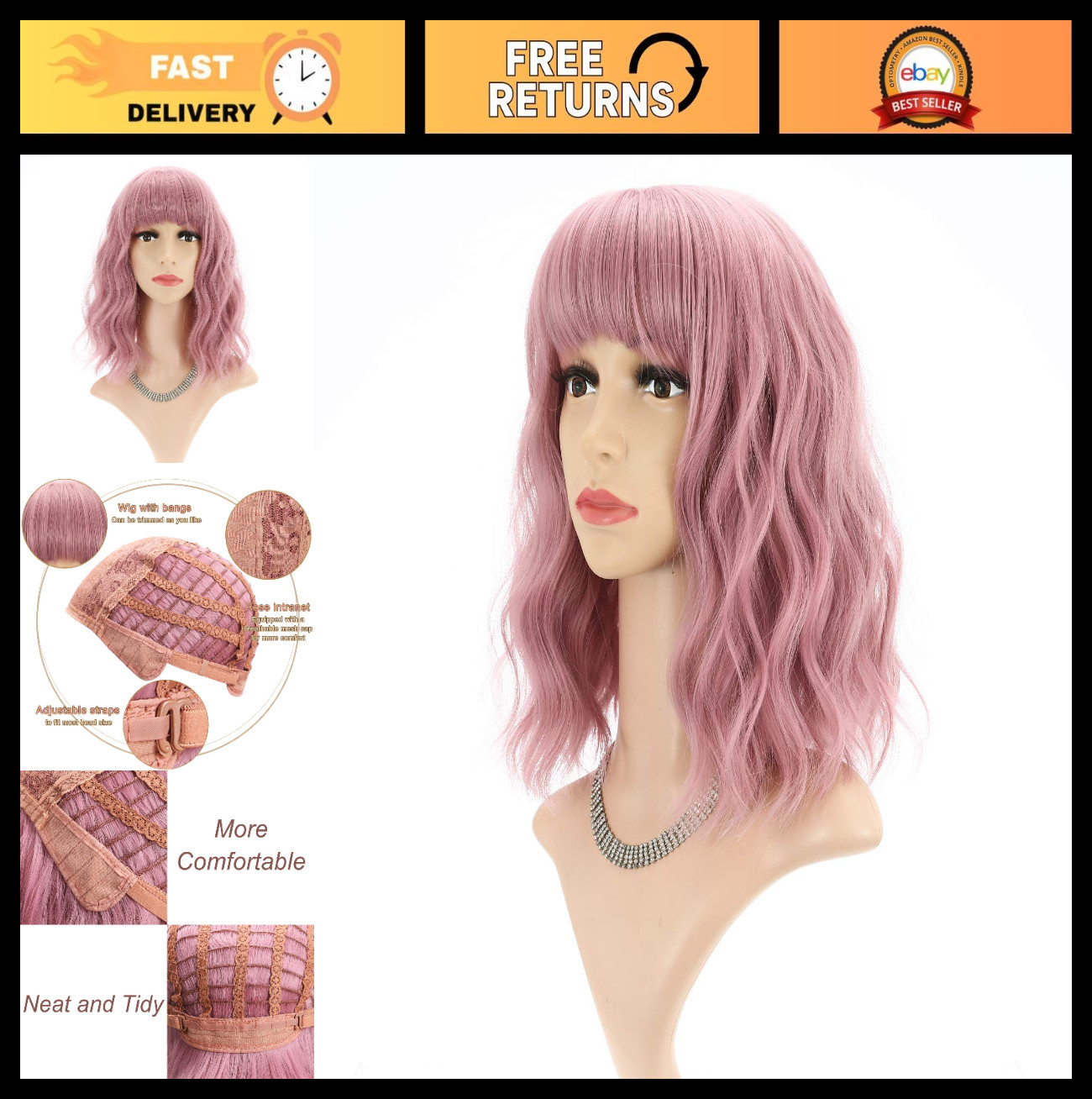 Short Pink Curly Wavy Wig with Bangs – 12″ Synthetic Costume Cosplay Hair for Wo