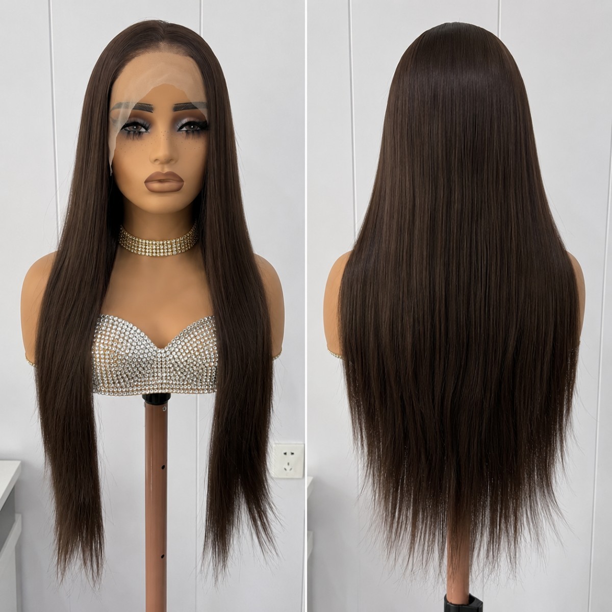 Brown Heat Resistant Synthetic Hair Long Straight Frontal Lace Wig