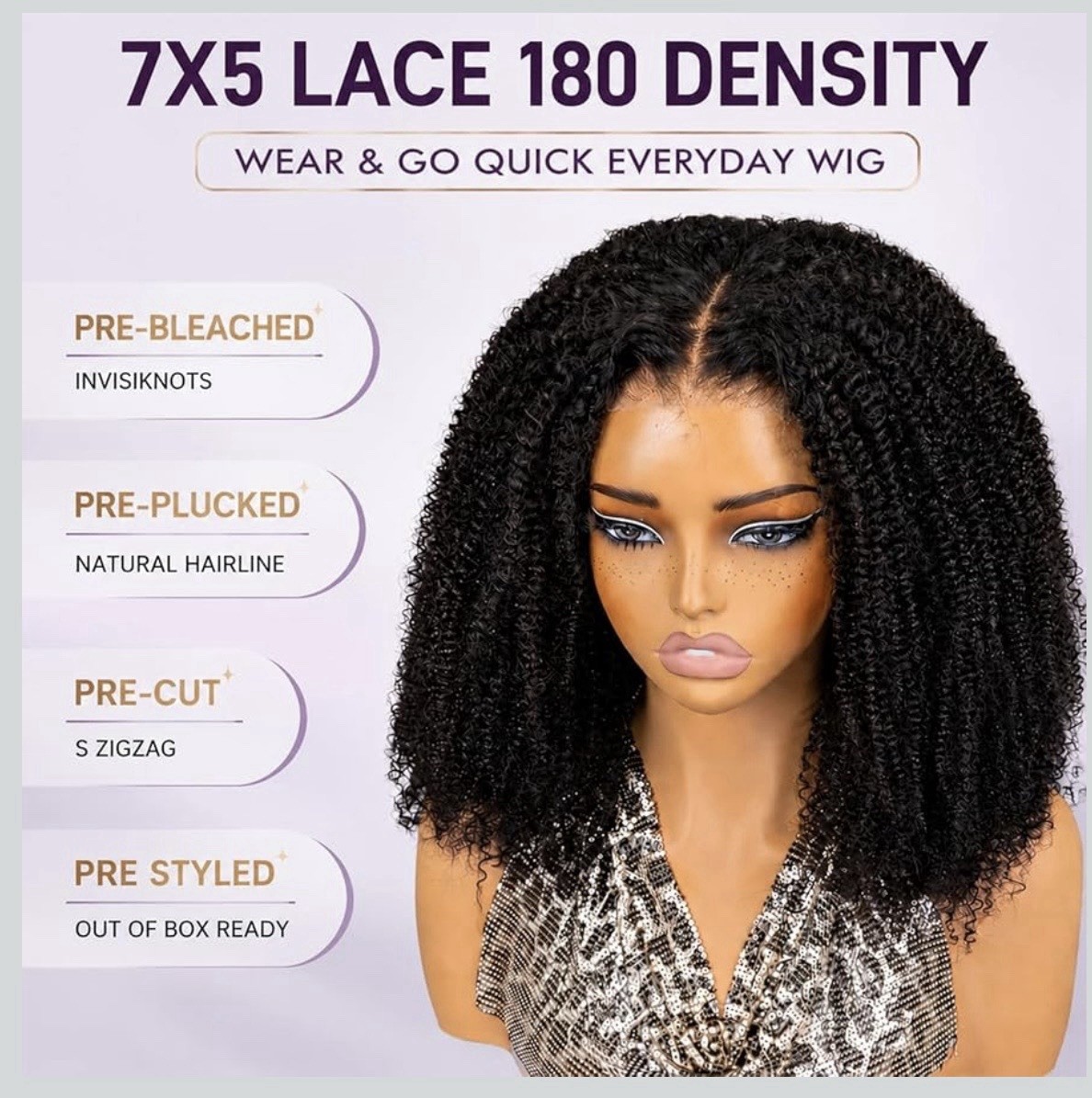 Afro Curly Wear and Go Glueless Wigs Human Hair Pre Cut 7×5 HD Lace 180 Density