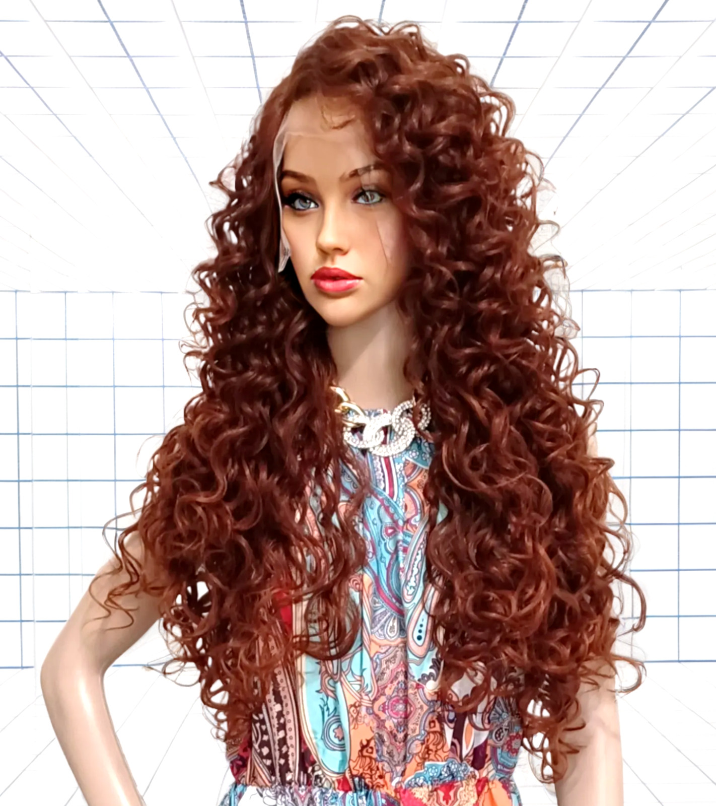 34″ LACE FRONT WIG LONG CURLY LAYERED RED AUBURN #T33.130 HEAT OK