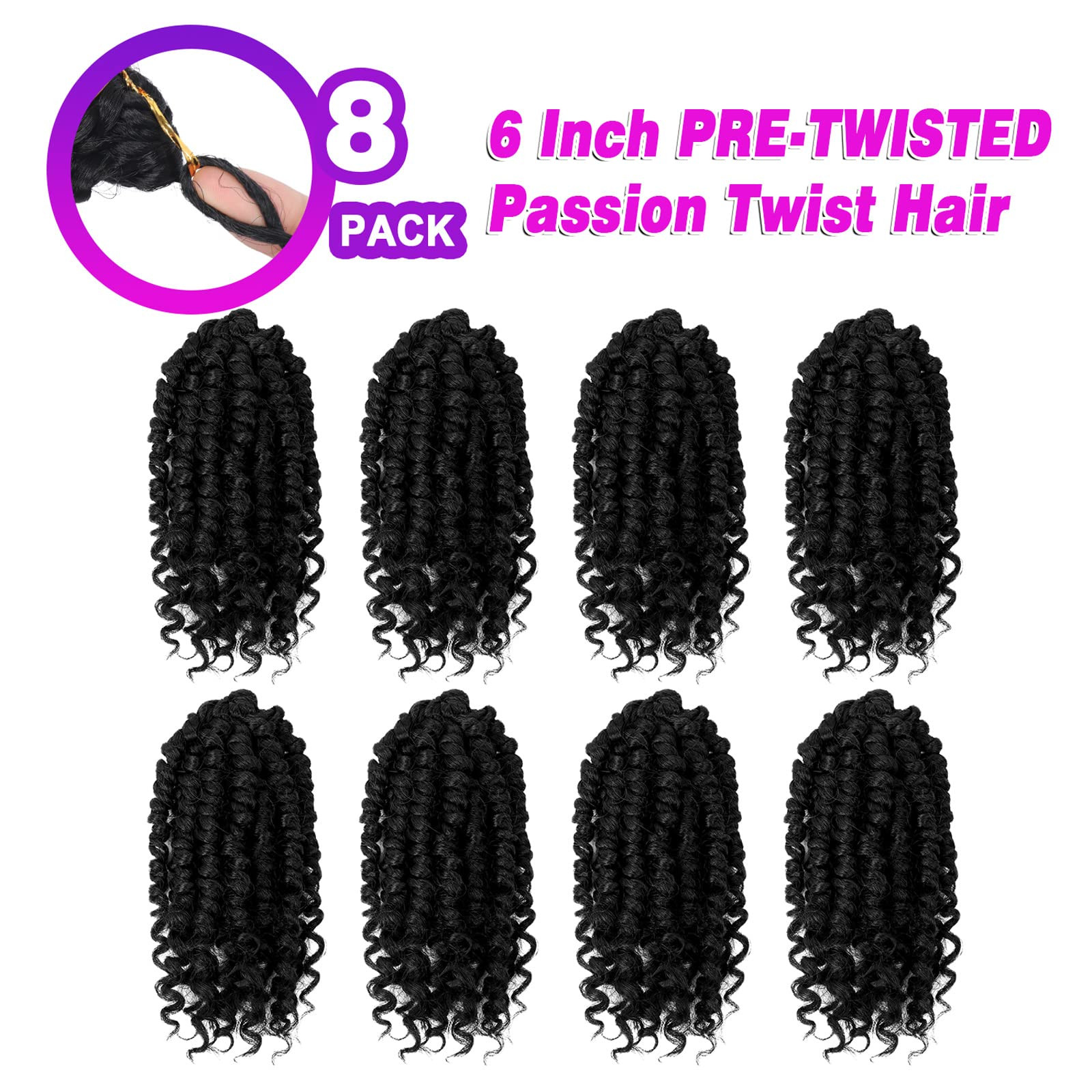 Short Passion Twist Hair 6 Inch Pre-twisted Passion Twist Crochet Hair 8 Pack…