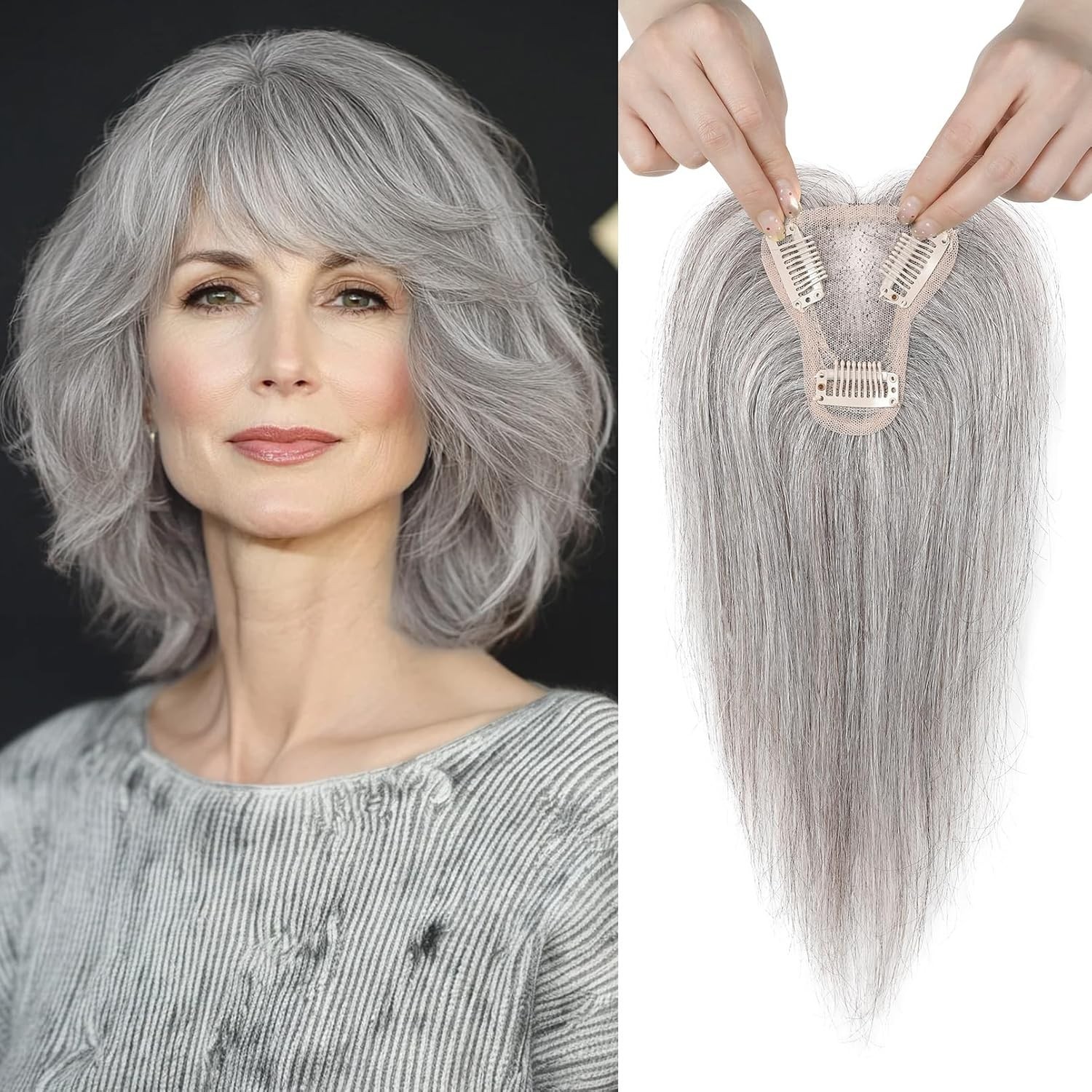 Gray Mixed Black w/ Brown Tones 10in 100% Real Human Hair Topper
