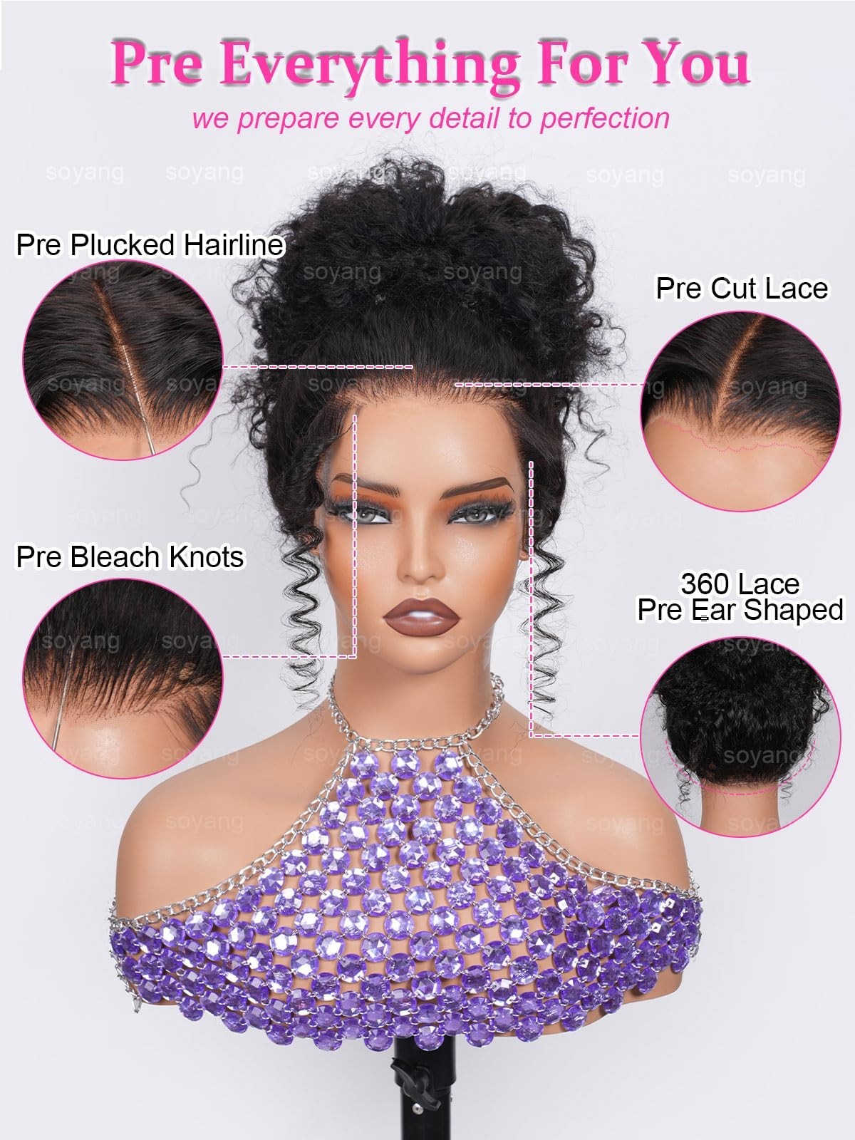 28″ 360 Lace Front Wig Human Hair Water Wave Curly 200% Density Pre Plucked