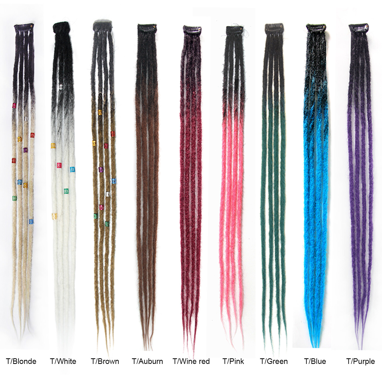 24″ Colorful Clip In Dreadlocks Extensions Thin Soft Dreads Locs w/ Dreads Beads
