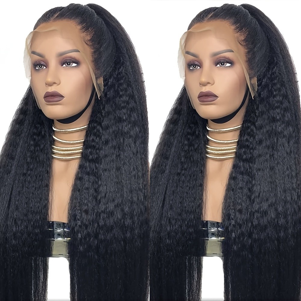 Kinky Straight Long Black Lace Front Wigs Women Daily Use Pre Plucked Hairline