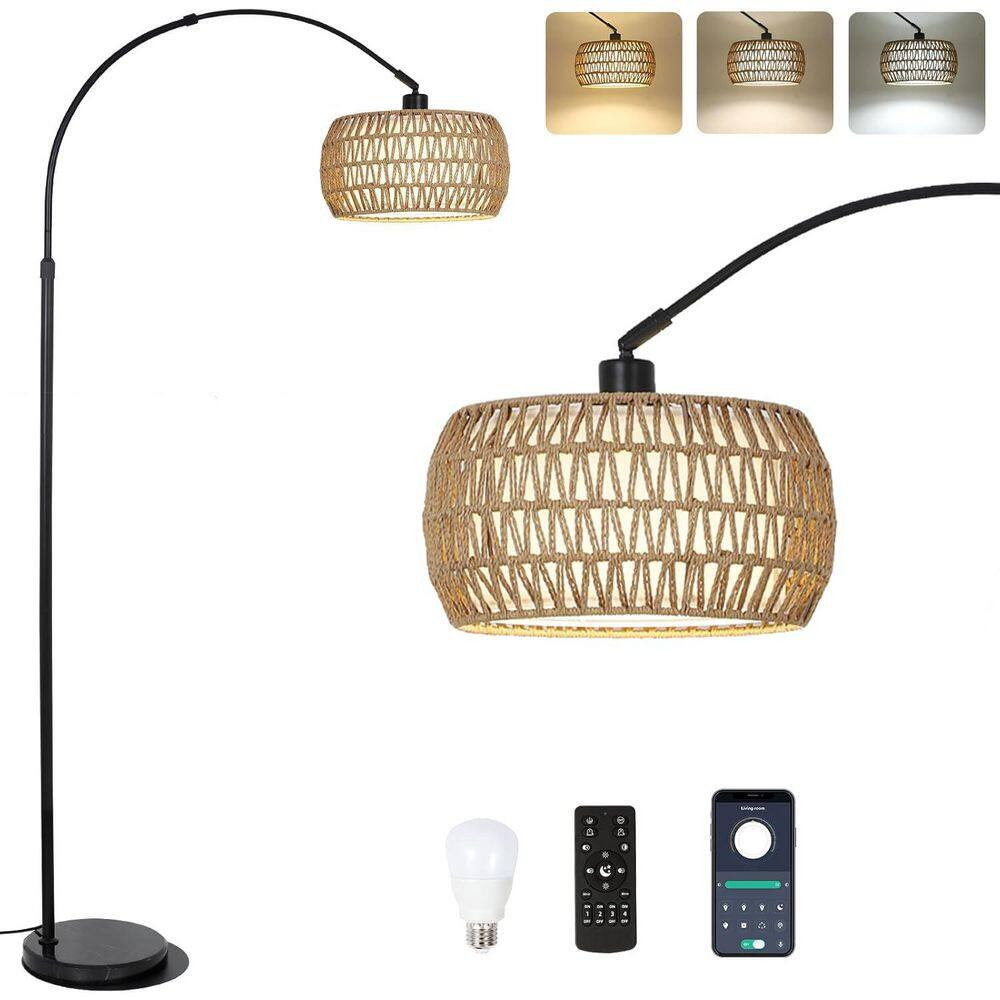 72 In. Brown & Black 1-Light Smart Arc Floor Lamp with Rattan & Fabric Double Dr