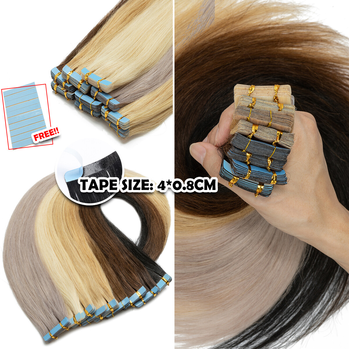10-80PCS Invisible Tape In Skin Weft Remy Human Hair Extensions Full Head White#
