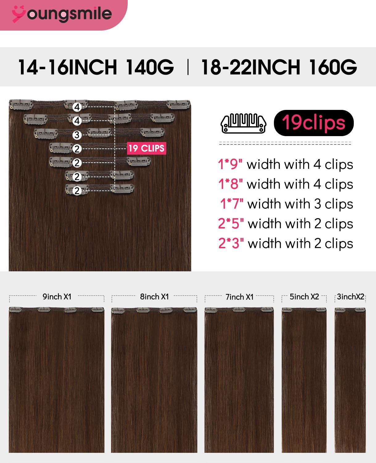 Youngsmile Clip In Hair Extensions Human Hair 16 Inch 140G 7Pcs Chocolate Brown