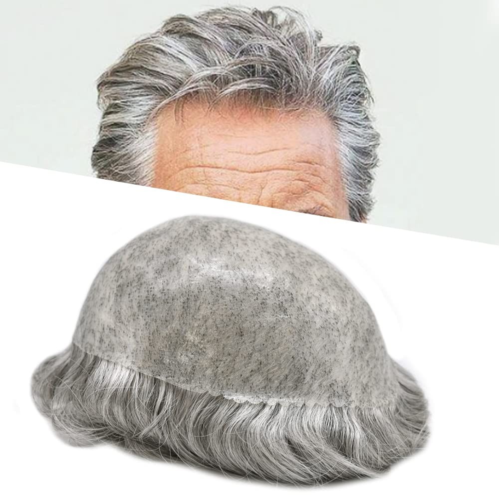 Mens Toupee Human HairSystems Full Poly Thin Skin HairPiece Replacement SystemUS