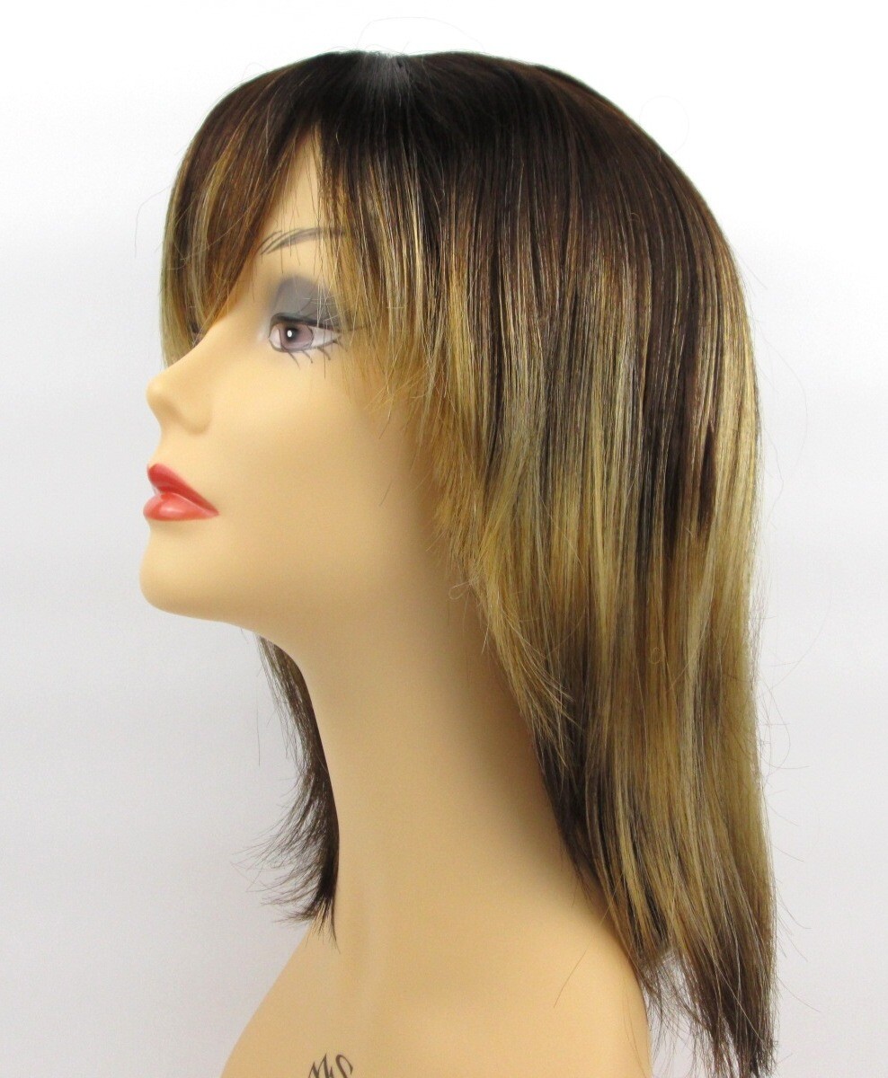 WOMEN SHOULDER-LENGTH STRAIGHT HAIR LAYERED WIG W/ BEVELED ENDS & BANGS SKIN TOP