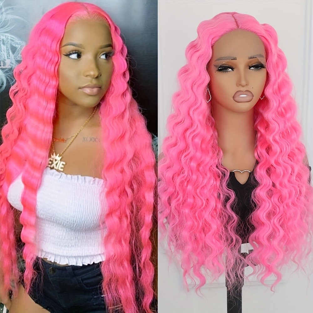 Long Kinky Curly Pink Color Synthetic Lace Front Wigs Women Party Heat Resistant