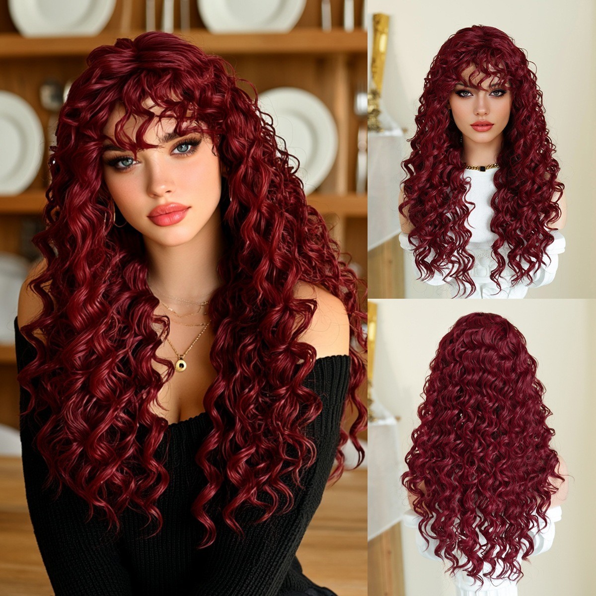 Black spring coil wig with deep wavy long hair for black people with air bangs