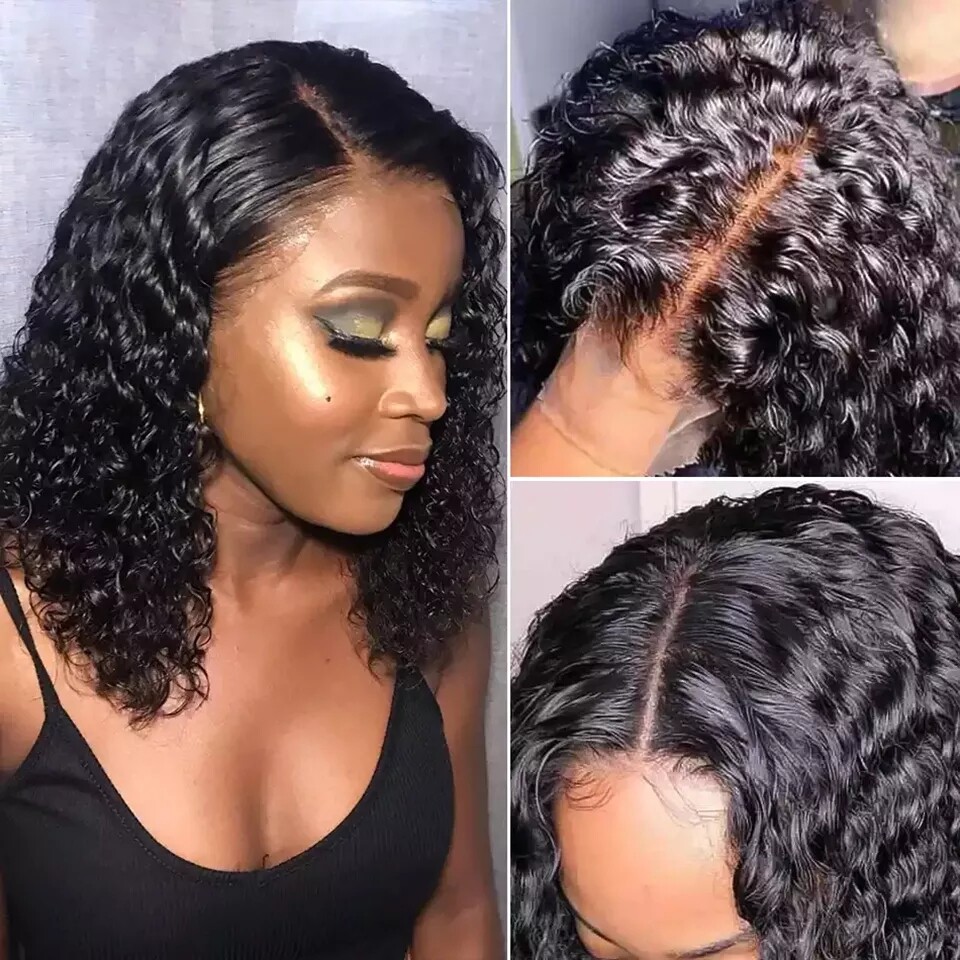 Short Bob Wig Water Wave 4×4 Human Hair Wigs Lace Closure Wigs Natural Black