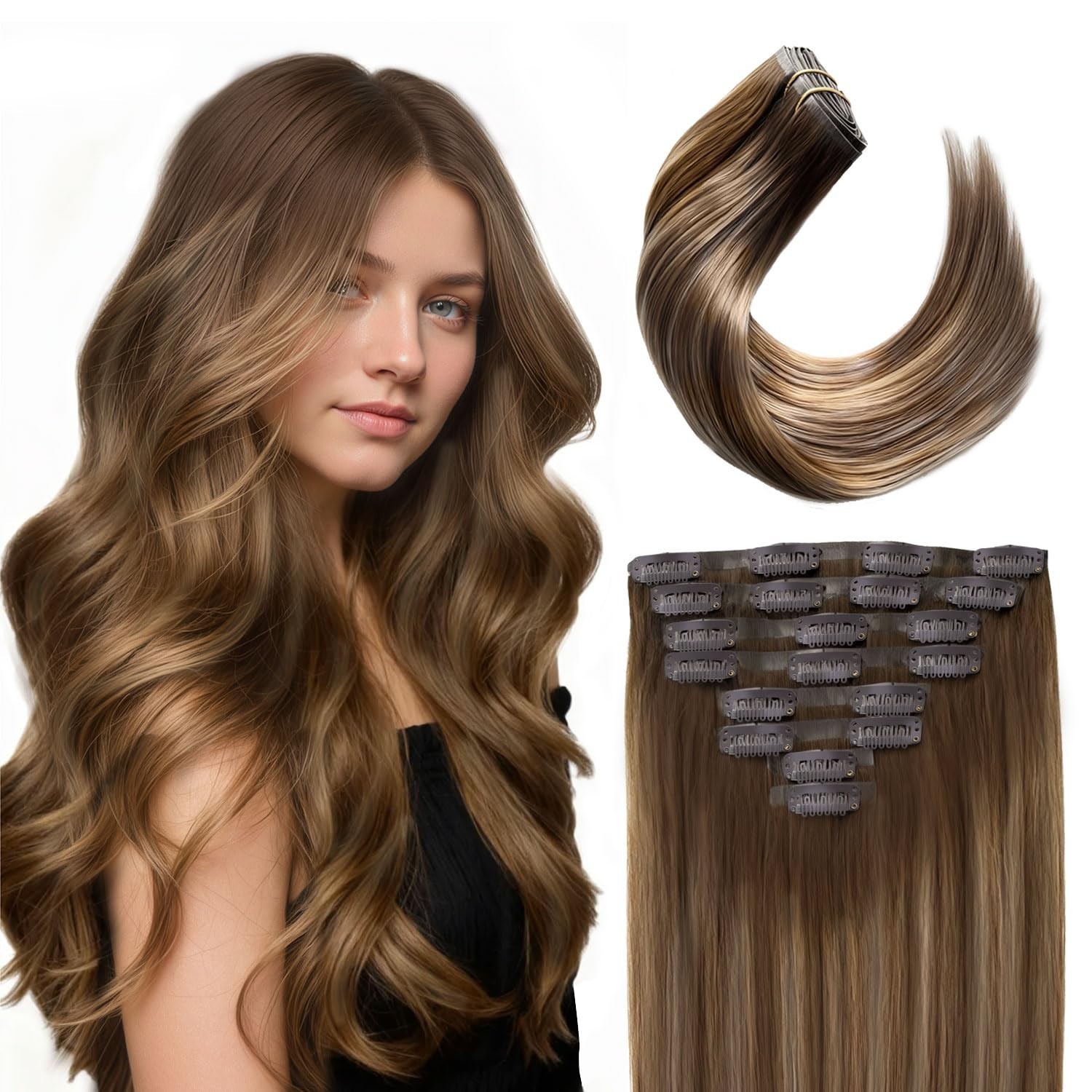 18″ 120g Clip In Hair Extensions, Real Remy Human Hair, Balayage Brown to Blonde