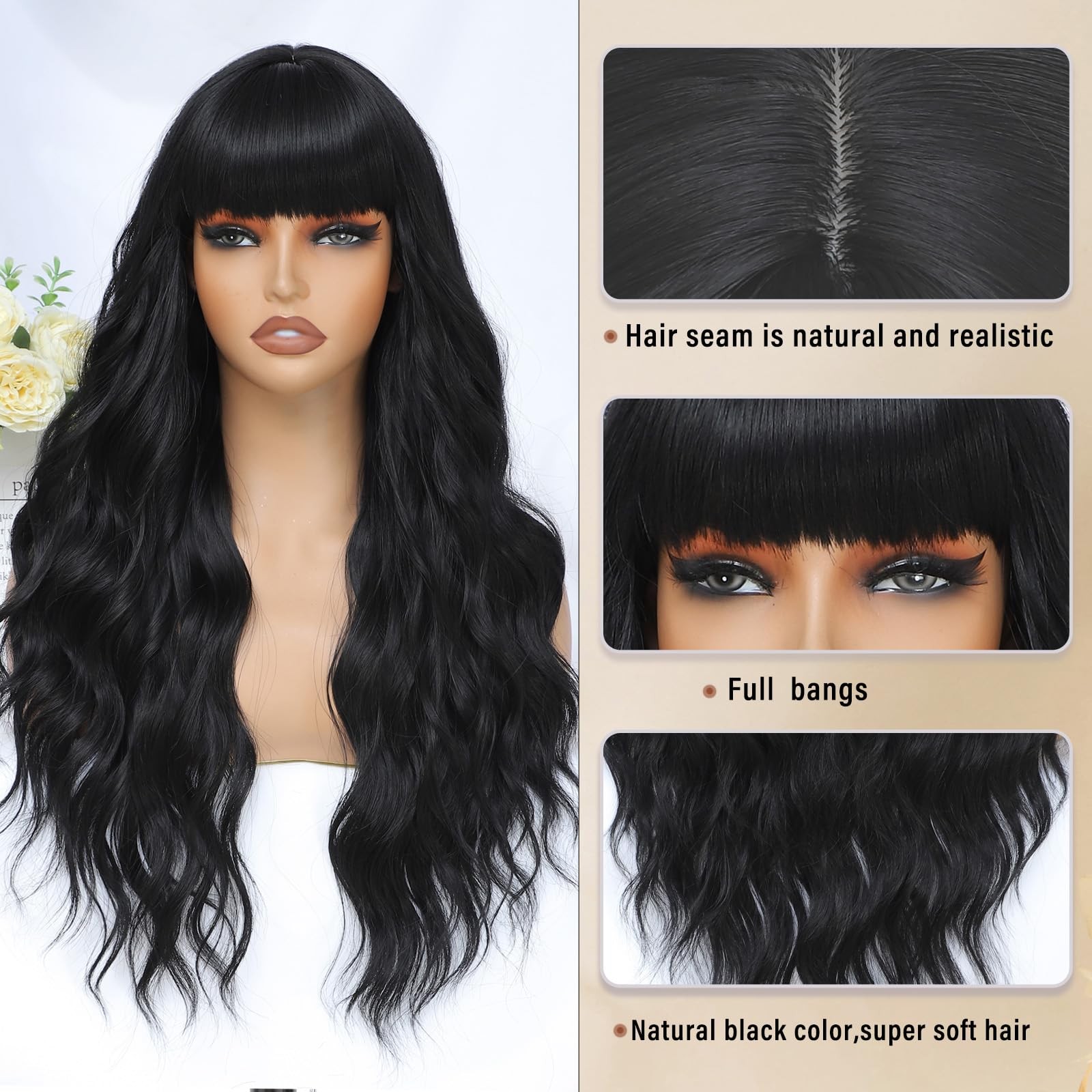 Black Wig with Bangs for Women Long Black Wavy Wigs 26 Inch Natural Black Wigs N