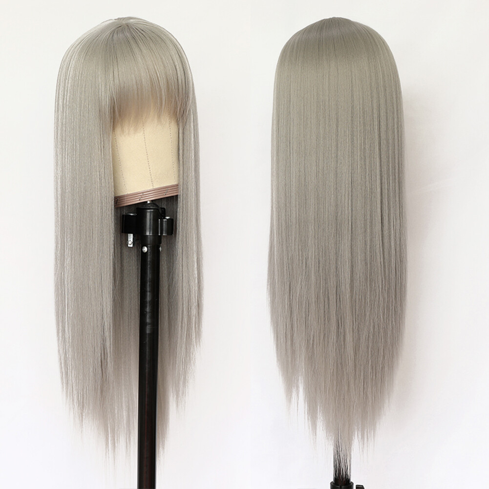 Women Full Neat Bangs Synthetic No Lace Wig Long Straight Heat Resistant Natural