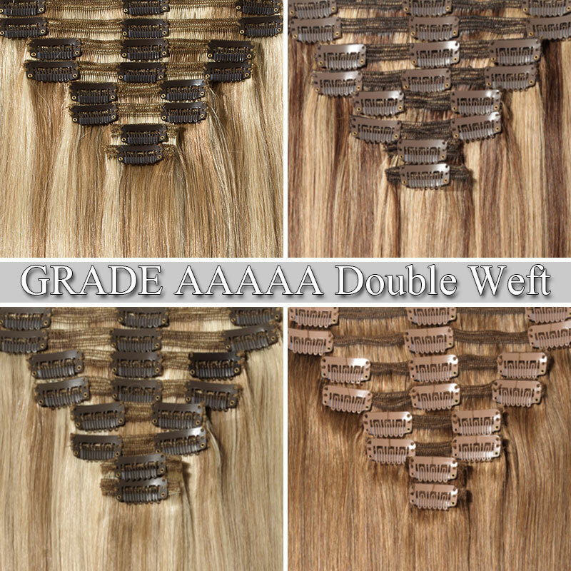 Extra Thick Double Weft Clip In Weave Remy Human Hair Extensions Full Head Brown