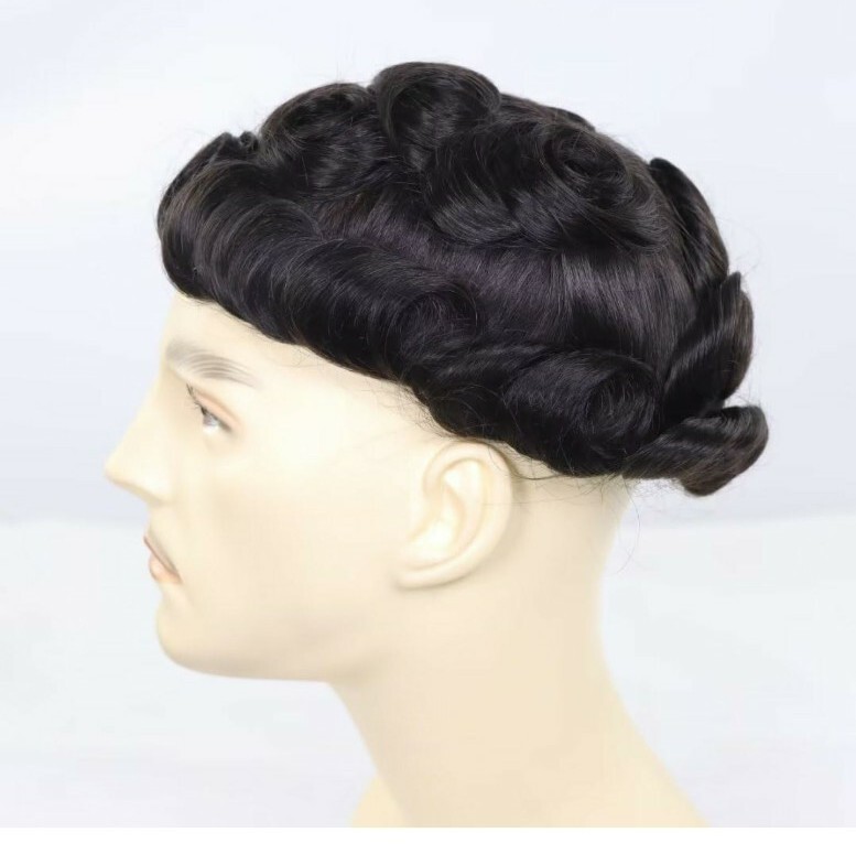 Happy&cc Toupee Men Human Hair #1B Thin Skin Pu Quality Virgin. 30mm Wave Curl.