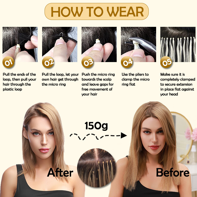 Microlink Extensions Micro Loop Beads Ring Ombre Real Remy Human Hair Thick 100G