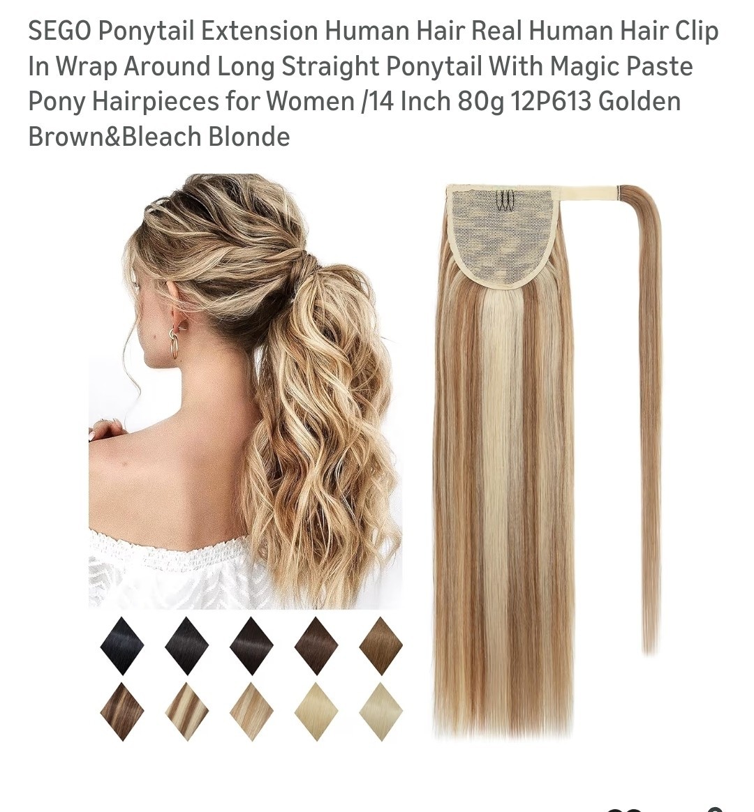 Sego Ponytail Extension Human Hair Clip/ 14 In. 80g. Golden Brown & Bleach Blond