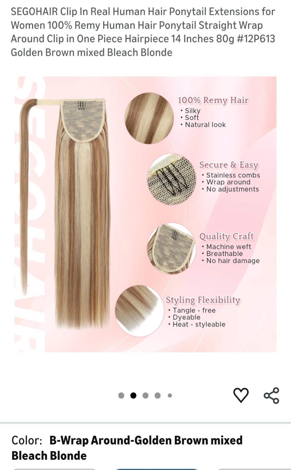 Sego Ponytail Extension Human Hair Clip/ 14 In. 80g. Golden Brown & Bleach Blond
