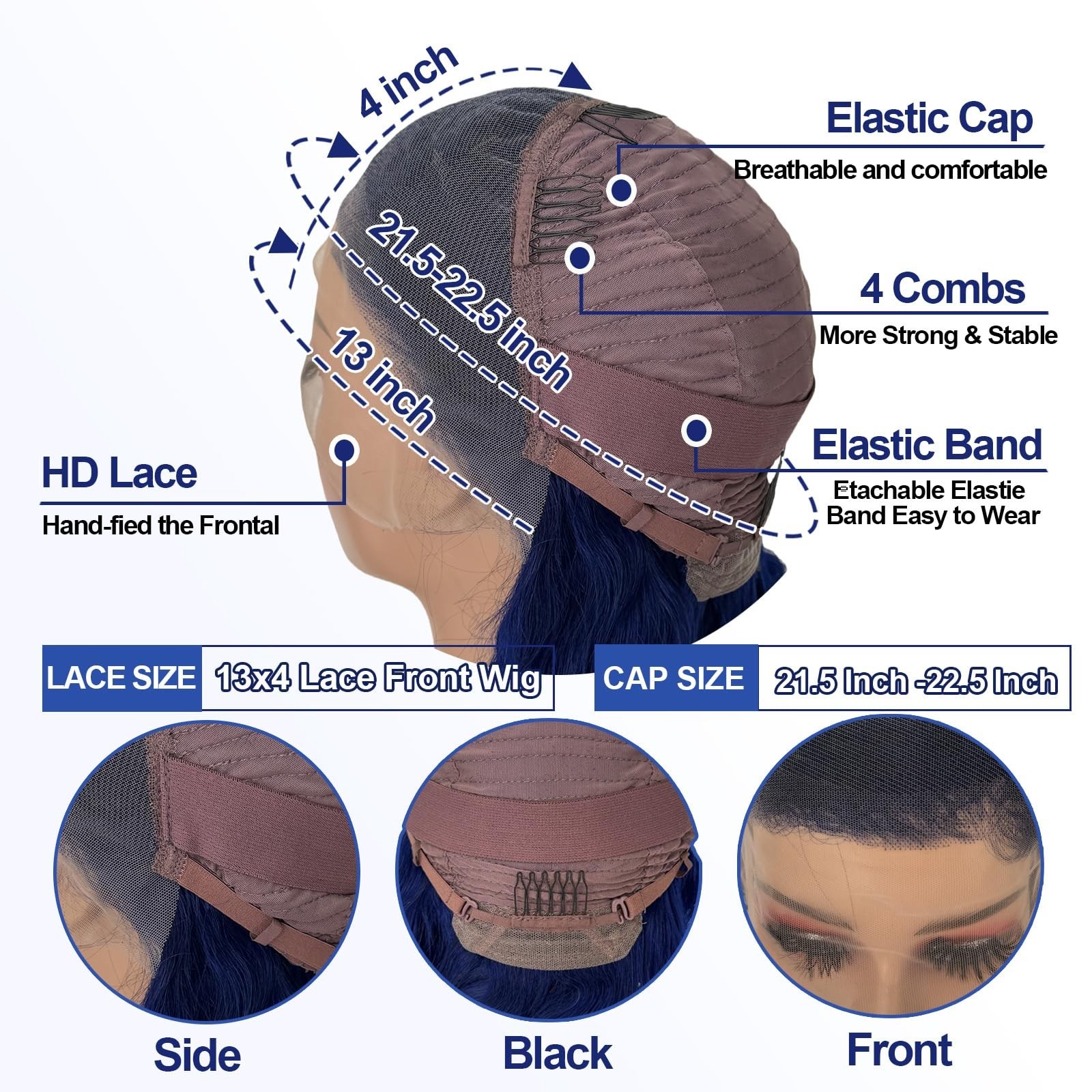26″ Blue Lace Front Wig Human Hair Body Wave 13×4 HD Transparent Frontal 180% De