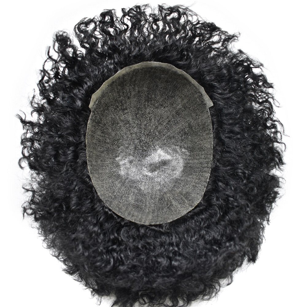 Afro Curl Mens Toupee Full Poly Skin Pu African American Hair System Replacement