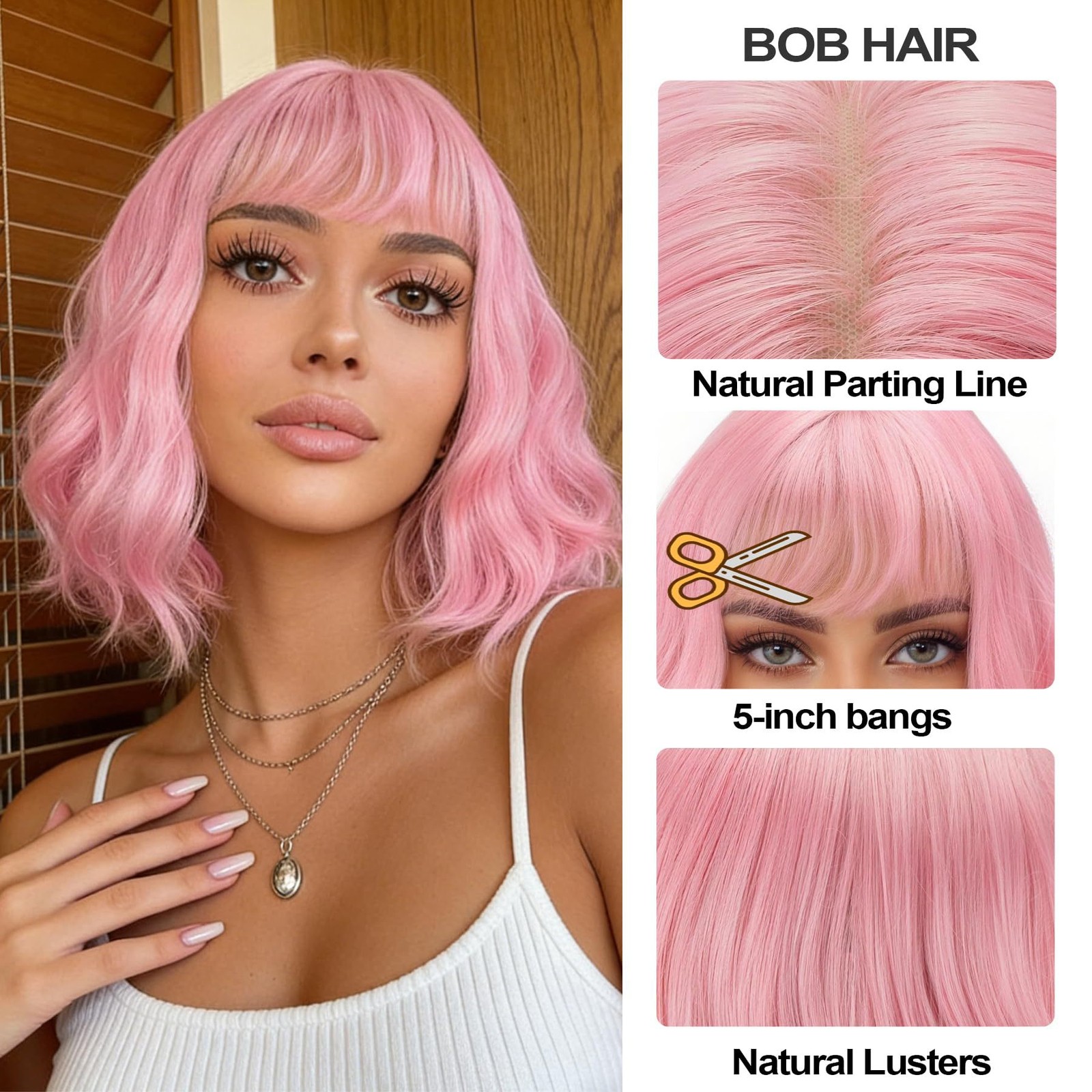 Women Short Water Wave Curly Wig Full Bangs Heat Resistant Synthetic Natural