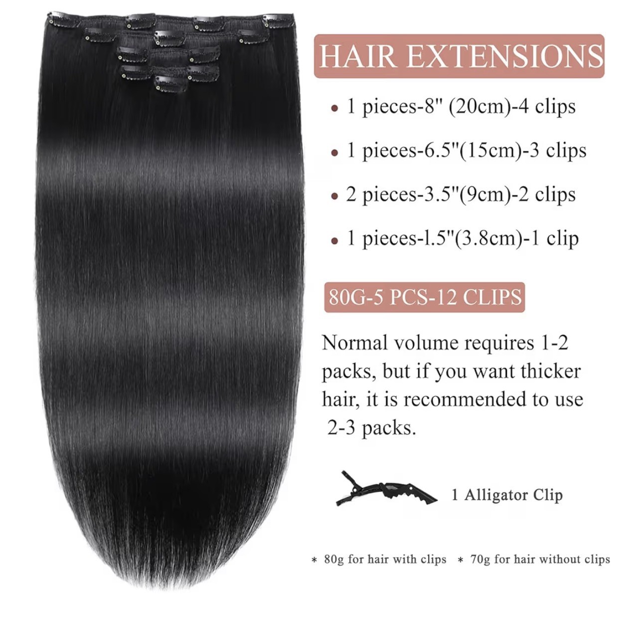 Real Human Hair Clip-In Extensions Jet Black 14″ Silky Straight Remy 5-Pcs 80g