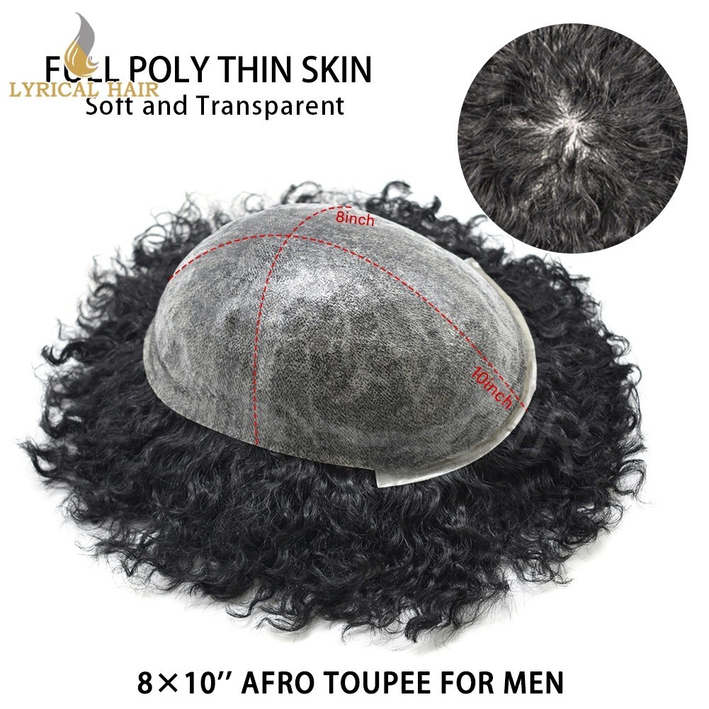 Lyrical Hair Afro Toupee for Black Men Full PU Kinky Curly Human Hairpiece Units