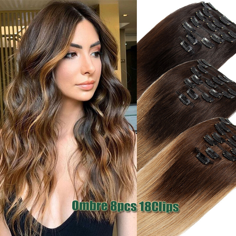CLEARANCE 100% Human Hair Clip In Real Remy Hair Extensions Full Head Ombre 8PCS