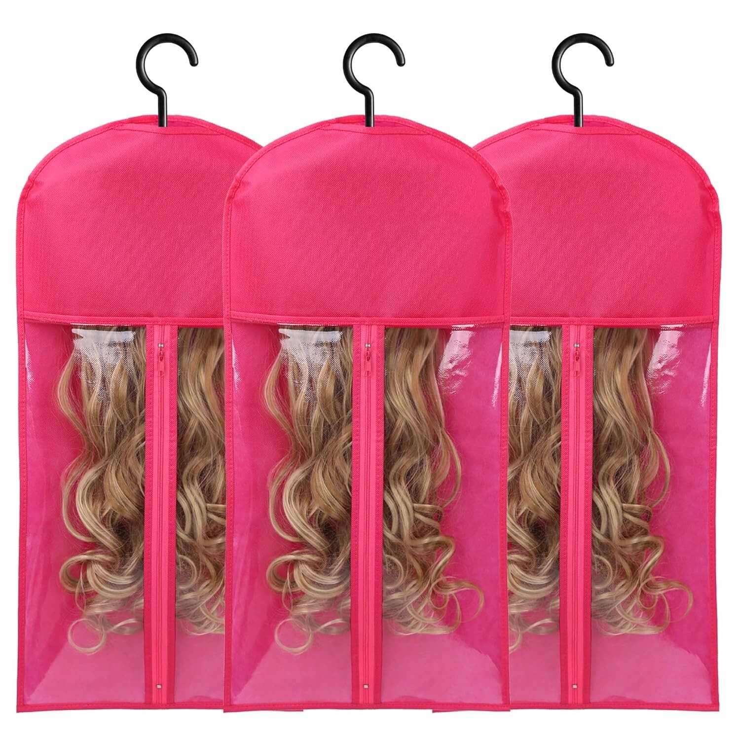 3PCS Hot Pink Wig Hook Hanger Hair Holder Storage Dustproof Bag Non-Woven Fabric