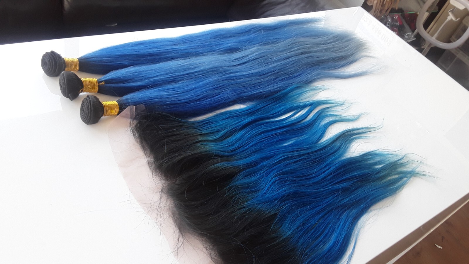 1B#/BLUE OMBRE BRAZILIAN VIRGIN HUMAN HAIR STRAIGHT BUNDLES 30+30+30&18 FRONTALS
