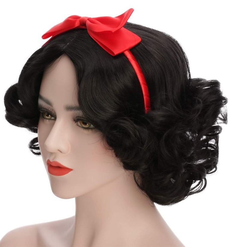 Adult Women Short Bob Wave Black Cosplay Wig with Red Bow Princess Party Costume