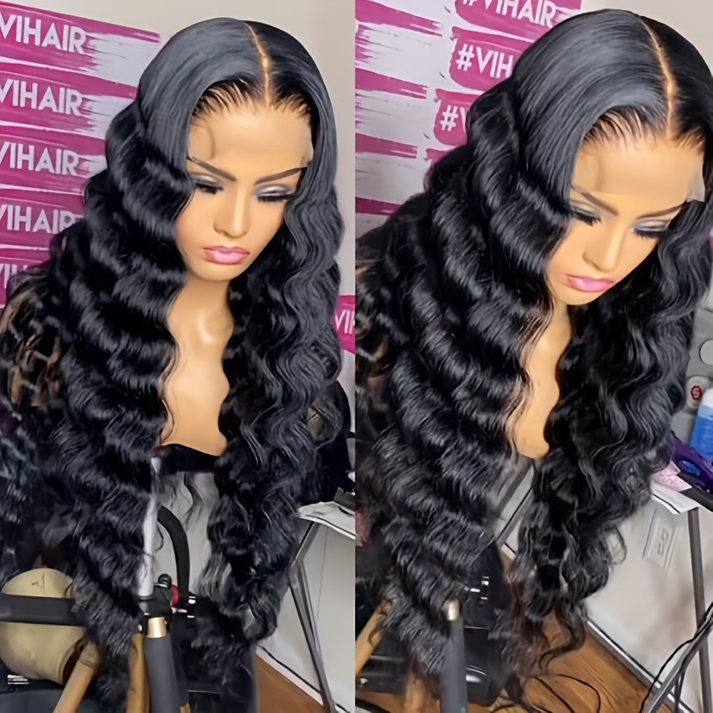 Long Black Deep Wave Lace Front Wigs 13×4 Free Part Pre Plucked Natural Hairline